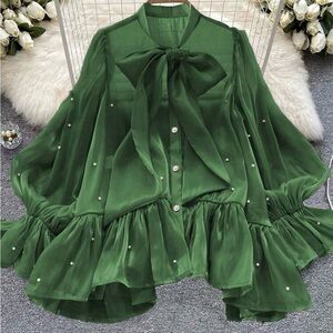 Chic Green Blouse with Bow Detail